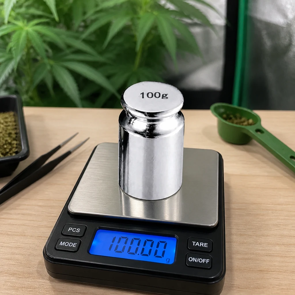 Escena generada de una pesa marcada «100g» sobre una báscula digital cuya pantalla muestra 100.00 g, en una mesa con pinzas y una cuchara. Escena generada de una pesa marcada «100g» sobre una báscula digital cuya pantalla muestra 100.00 g, en una mesa con pinzas y una cuchara.