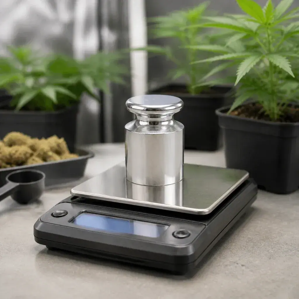 Escena generada de una pesa de calibración plateada sobre una báscula digital, con plantas en macetas al fondo.