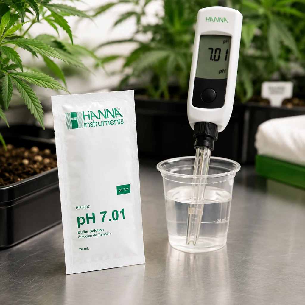 Sobre Hanna de solución tampón pH 7.01 junto a un vaso con líquido y un medidor sumergido cuya pantalla indica 7.01, con plantas al fondo.