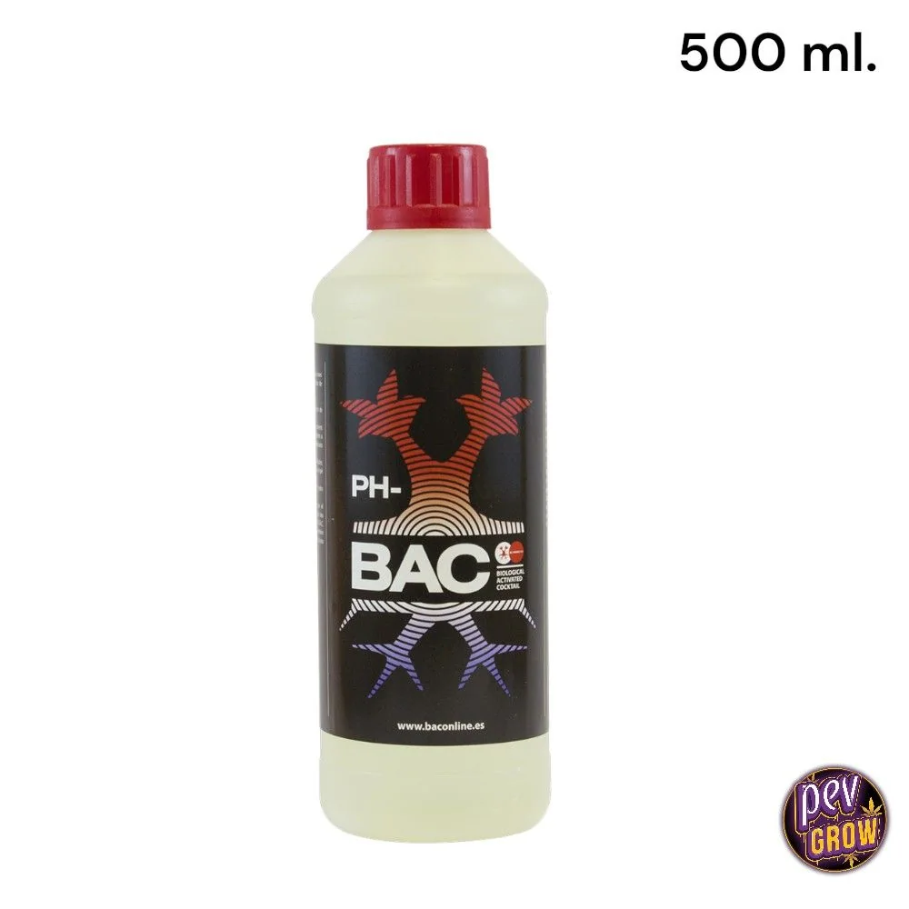 Botella de BAC pH Down con tapón rojo y etiqueta negra con el texto «PH-», sobre fondo blanco y con indicación de 500 ml.