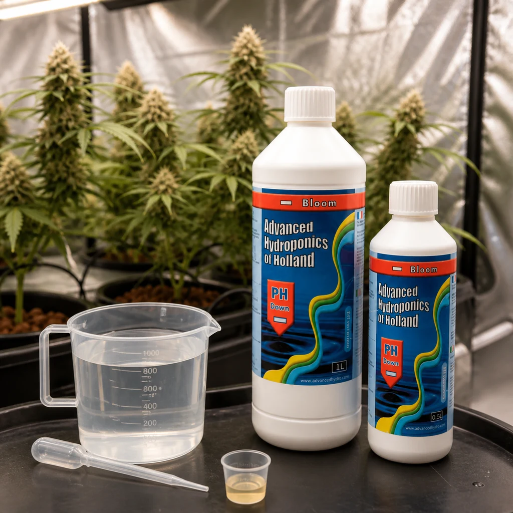 Advanced Hydroponics pH Down Bloom en botellas de 1 L y 0,5 L, junto a una jarra graduada, una pipeta y un pequeño vaso dosificador.