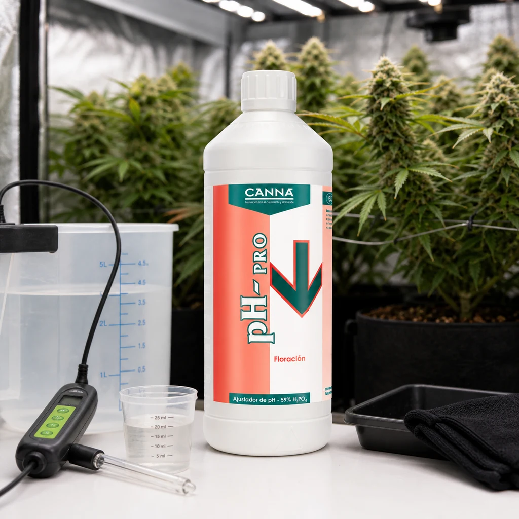 Botella de pH Down Bloom Canna junto a un medidor de pH, una jarra graduada y un vaso, con plantas al fondo. Botella de pH Down Bloom Canna junto a un medidor de pH, una jarra graduada y un vaso, con plantas al fondo.