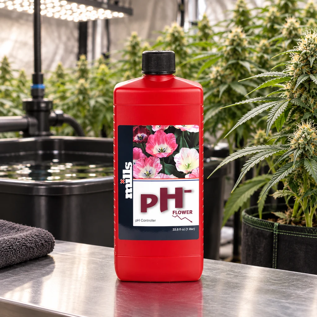 Botella roja de Mills pH- Flower sobre una mesa metálica, con plantas de cannabis, un depósito de agua y luces de cultivo al fondo. Botella roja de Mills pH- Flower sobre una mesa metálica, con plantas de cannabis, un depósito de agua y luces de cultivo al fondo.