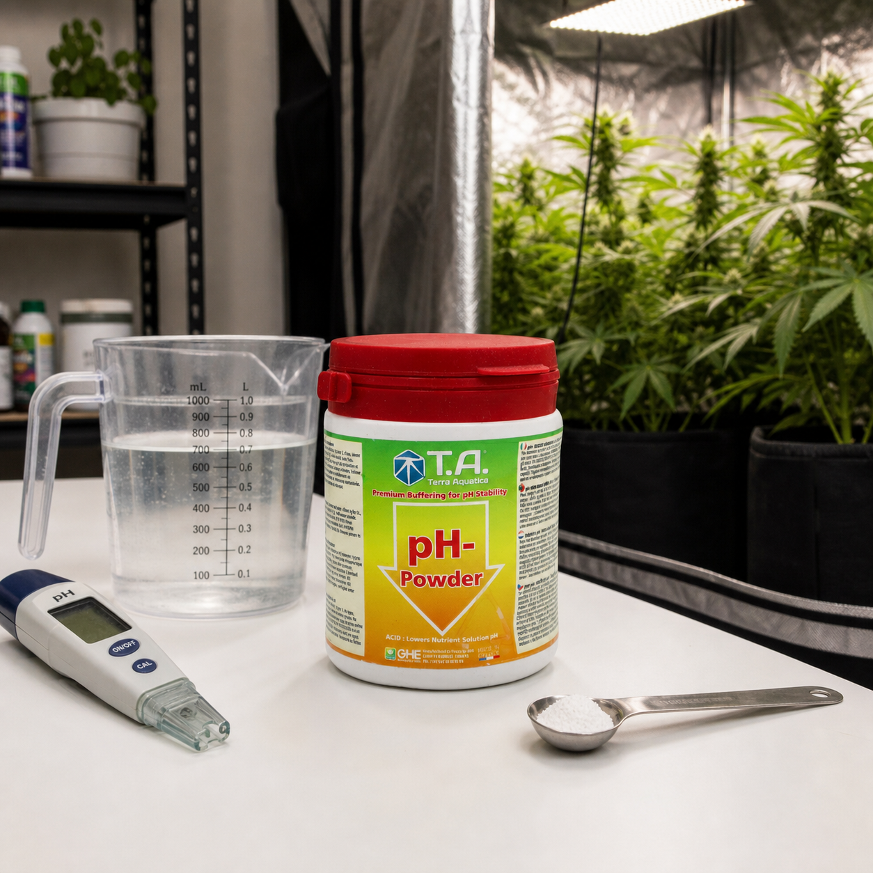 Bote de pH Down en polvo con tapa roja junto a una jarra graduada con agua, medidor de pH y cuchara, ante un armario con plantas.