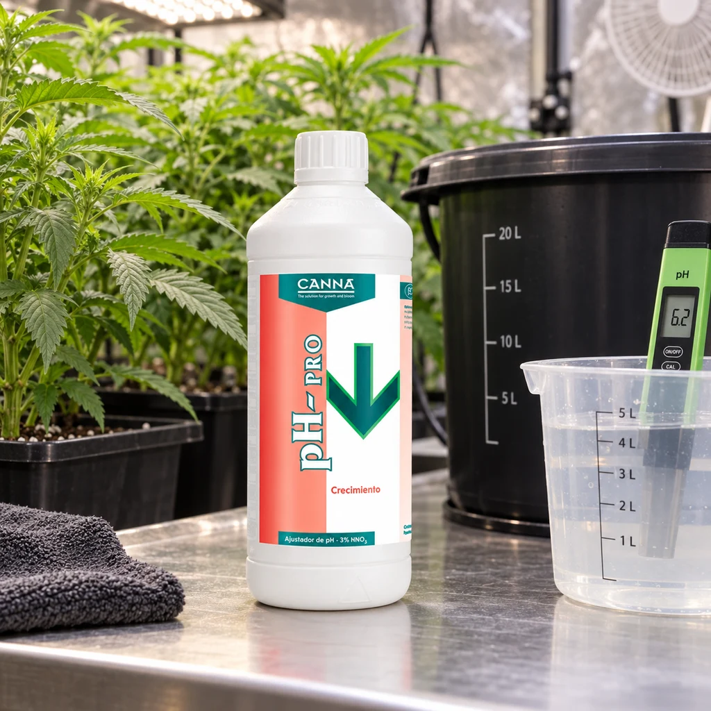Botella de Canna pH Down Grow junto a recipientes graduados y un medidor de pH que marca 6,2, con plantas al fondo en una escena generada. Botella de Canna pH Down Grow junto a recipientes graduados y un medidor de pH que marca 6,2, con plantas al fondo en una escena generada.