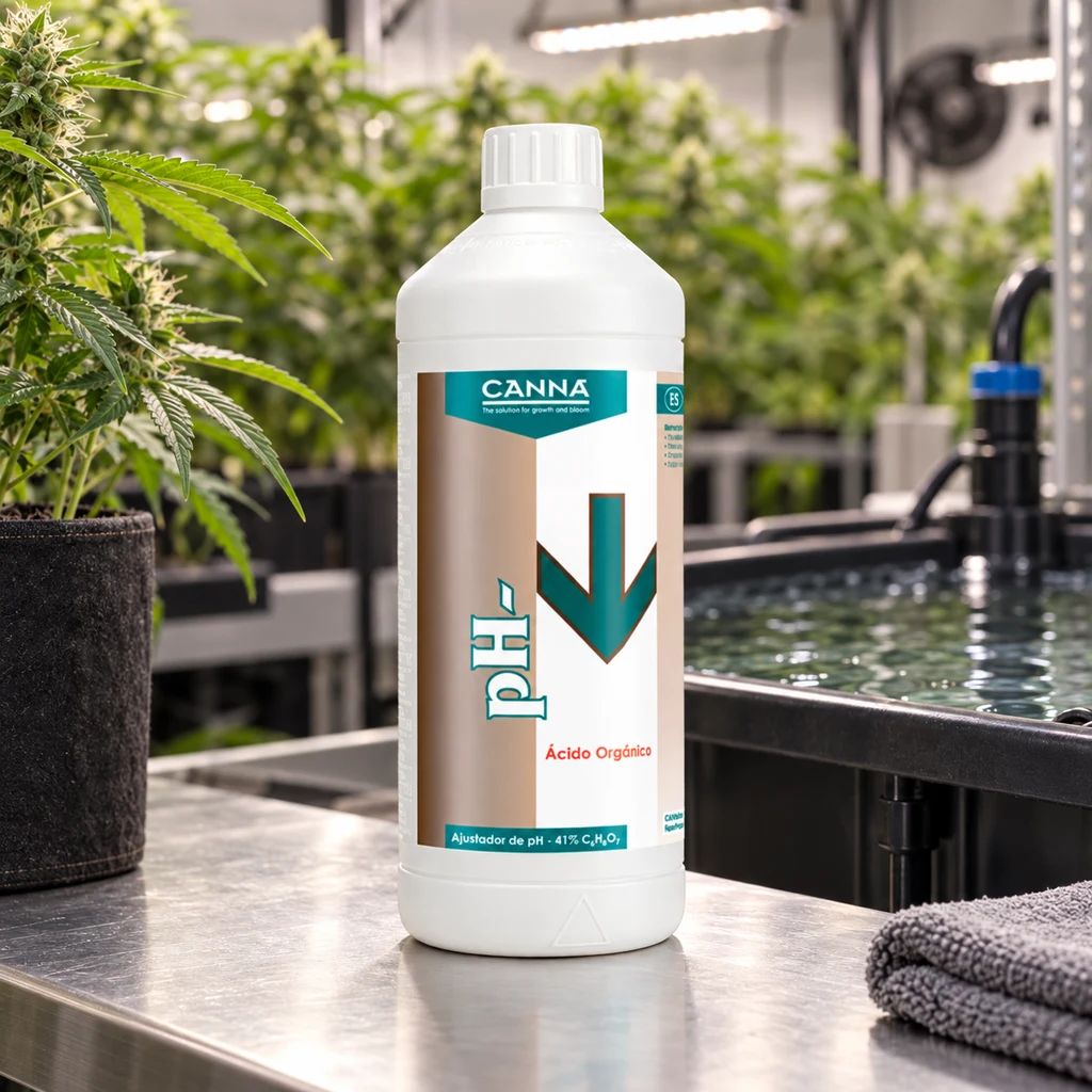 Botella blanca de Organic pH Down de Canna sobre una mesa, con plantas al fondo y un depósito de agua al lado.