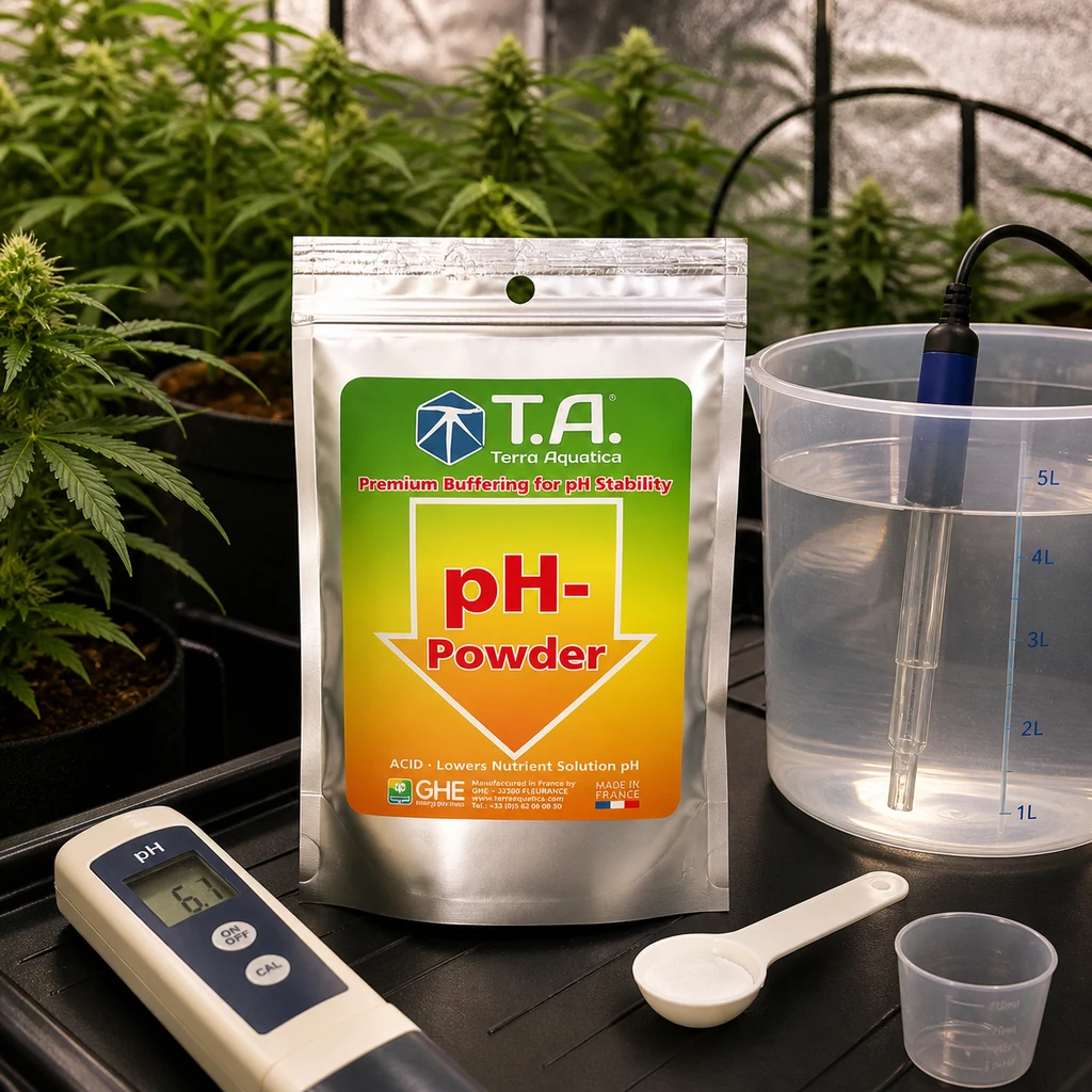 Bolsa de pH Down Powder Dry de Terra Aquatica junto a una jarra con sonda, un medidor de pH y una cucharilla, con plantas al fondo.