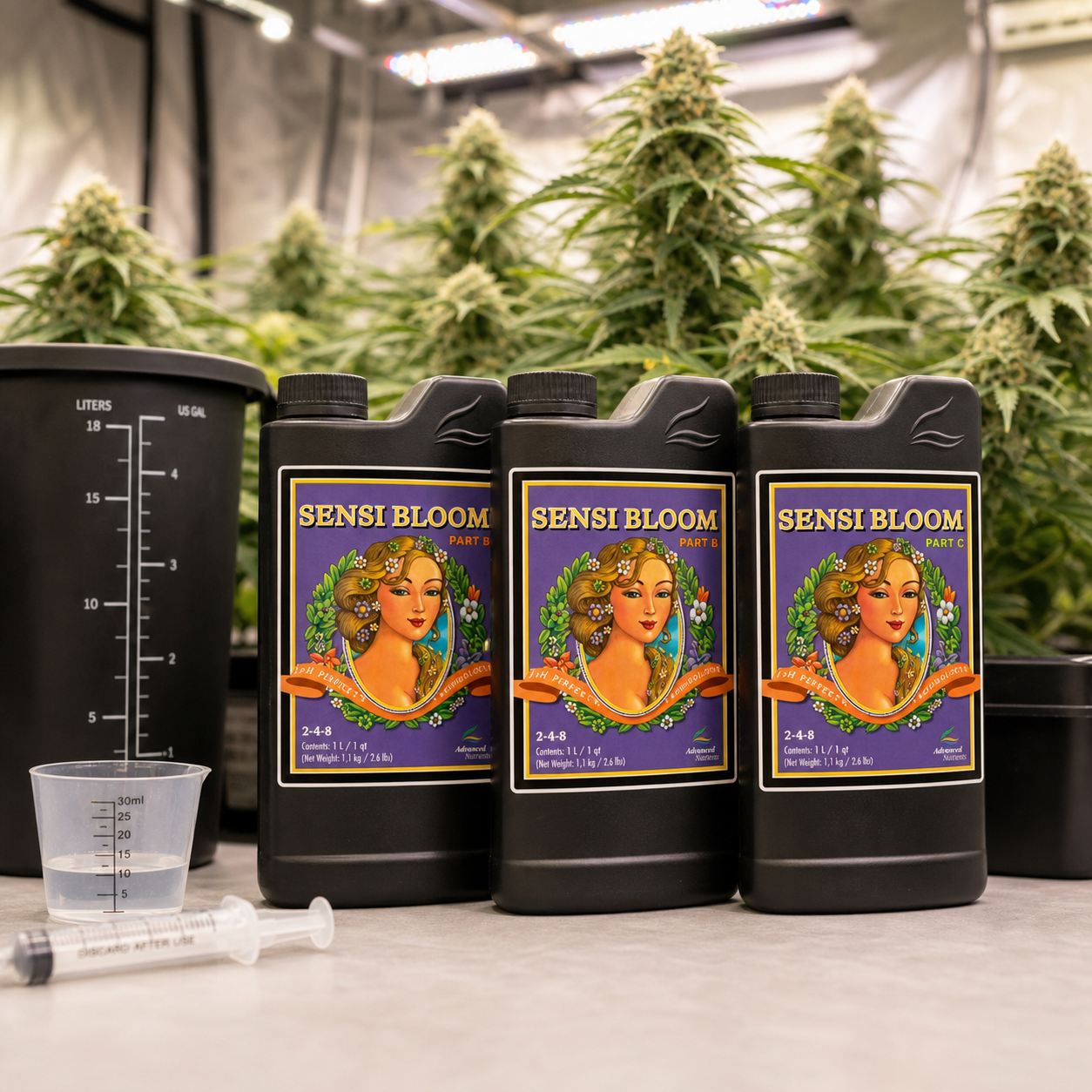 Envases negros con etiquetas Sensi Bloom junto a un cubo graduado, un vaso medidor y una jeringa, ante plantas en floración. Envases negros con etiquetas Sensi Bloom junto a un cubo graduado, un vaso medidor y una jeringa, ante plantas en floración.