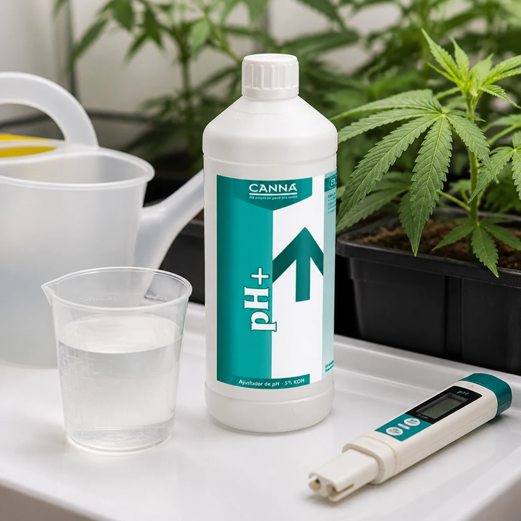 Botella de Canna pH Plus junto a un vaso con líquido, un medidor digital y una regadera, con plantas al fondo.