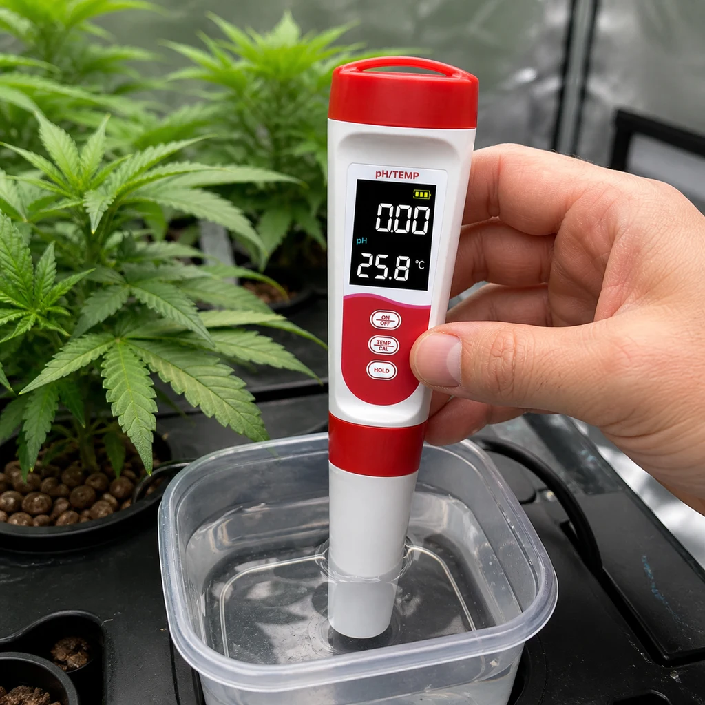 Una mano sostiene un medidor blanco y rojo sumergido en agua; la pantalla marca pH 0.00 y 25.8 °C, con plantas al fondo.