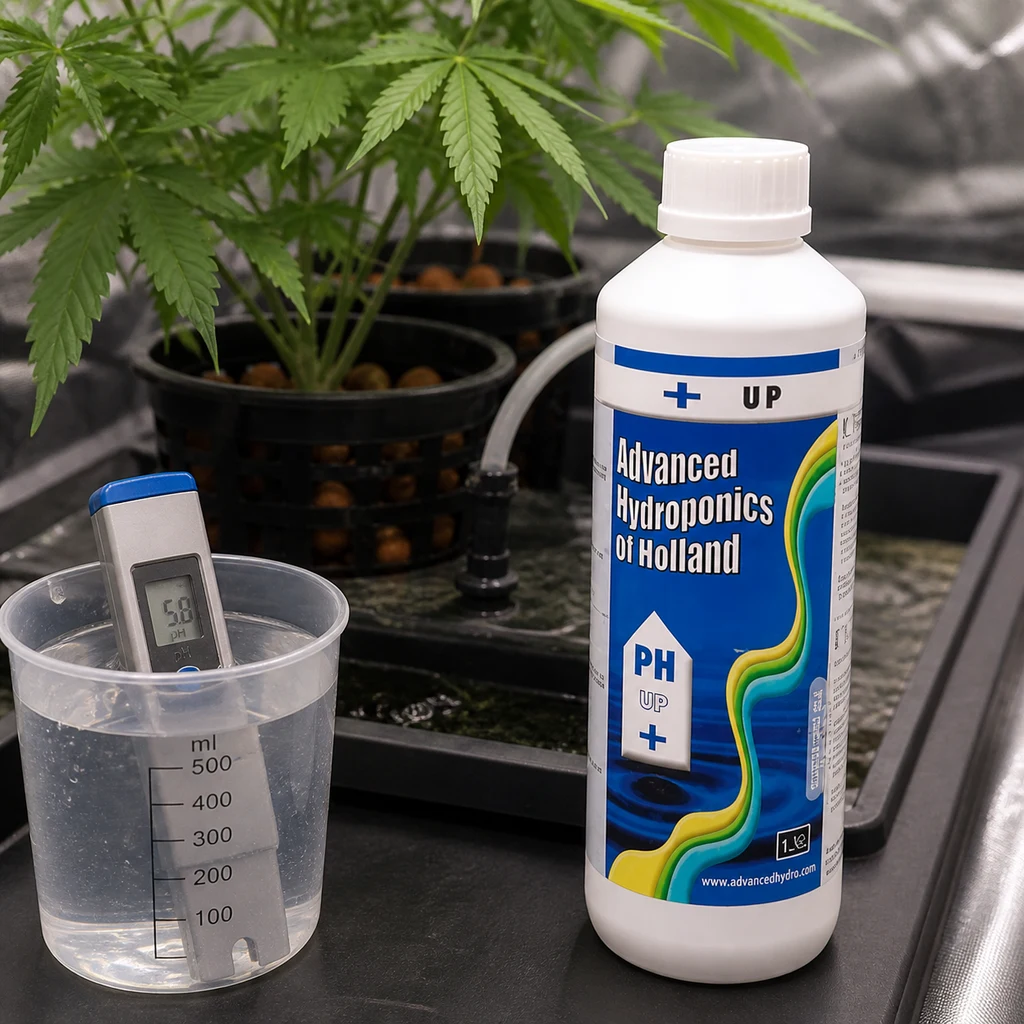 Botella de pH Up Advanced Hydroponics junto a un vaso graduado con medidor digital y plantas en un sistema de cultivo.