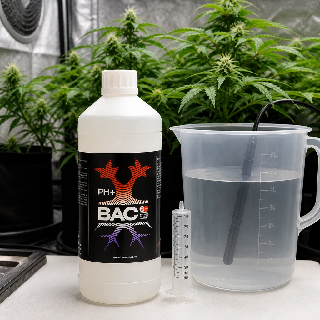 Botella BAC pH+ junto a una jeringa graduada y una jarra con agua y una sonda sumergida, con plantas de cannabis al fondo.