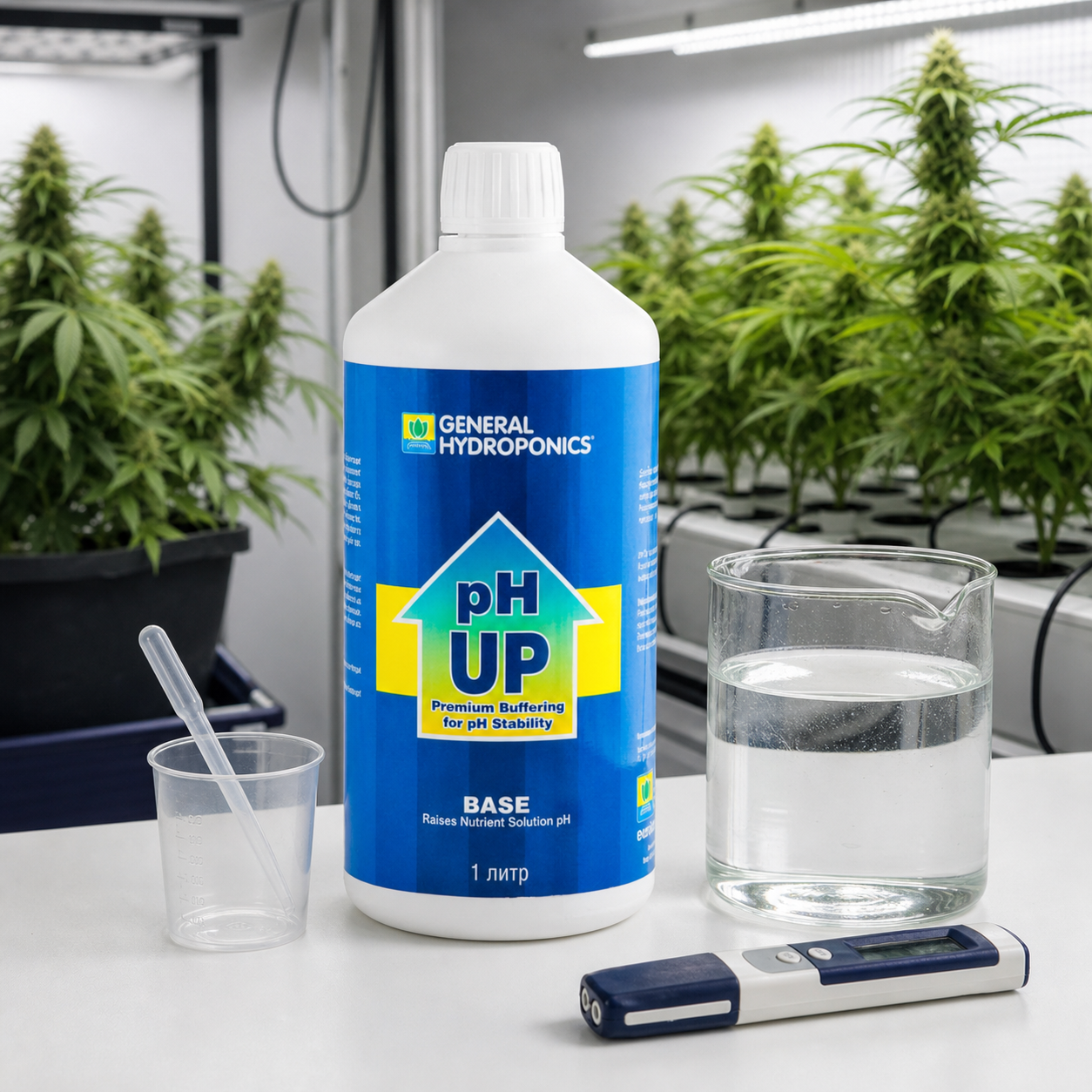 Botella de pH Up GHE con etiqueta azul junto a un vaso con líquido, una pipeta y un medidor digital, con plantas al fondo.