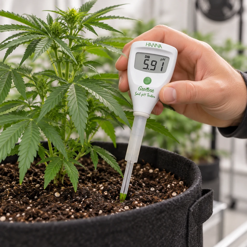 Escena generada de una mano sosteniendo un medidor Hanna con lectura de pH 5,91 y la sonda en el sustrato de una maceta con cannabis.