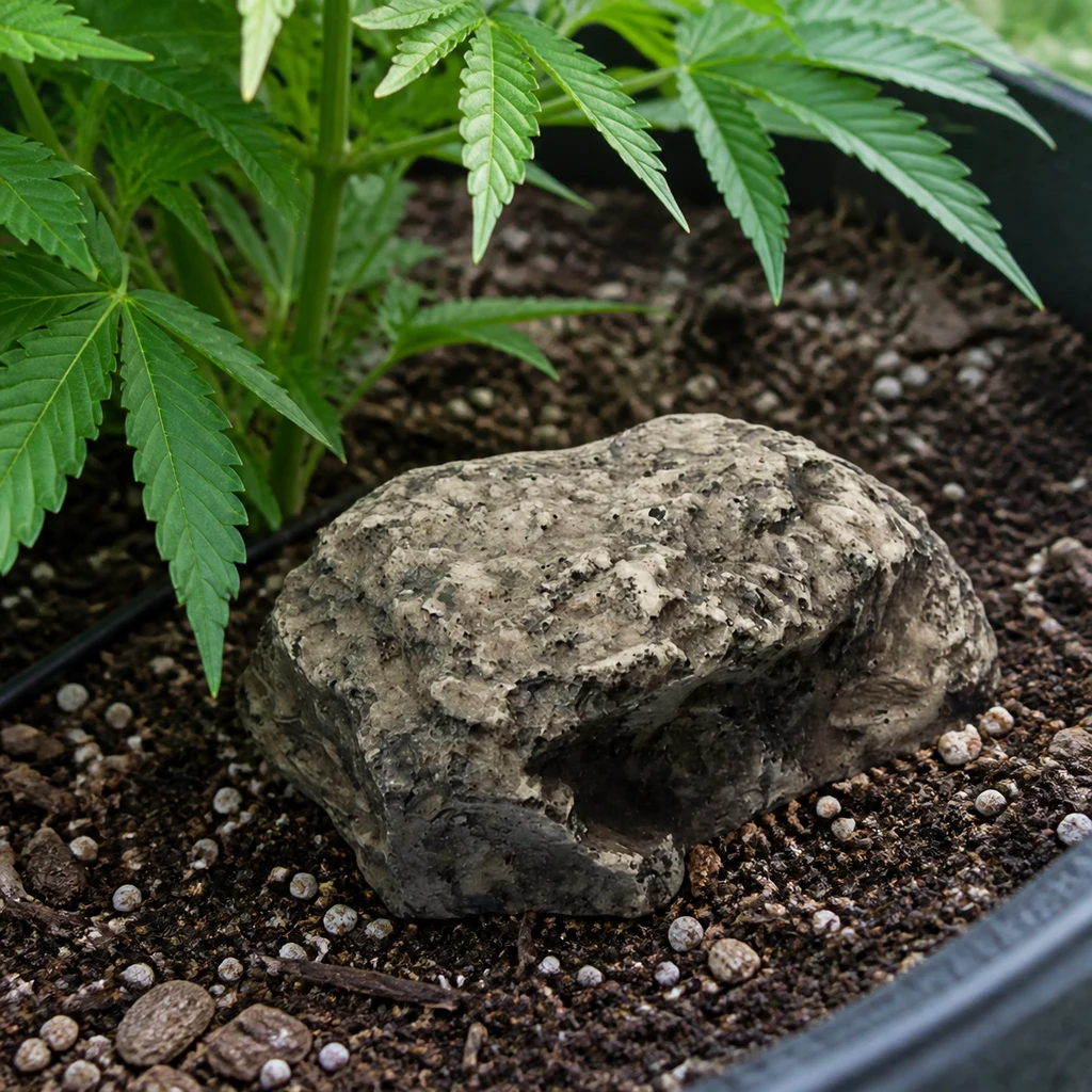 Piedra de jardín camuflada, gris y de superficie irregular, sobre el sustrato de una maceta junto al tallo y las hojas de cannabis.
