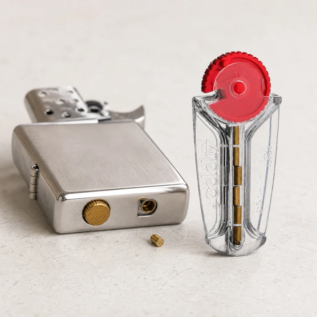 Dispensador transparente de piedras de yesca Zippo con rueda roja, junto a un encendedor metálico abierto y una piedra suelta.