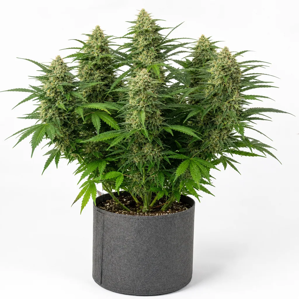 Planta de Limoncello Feminizada de PEV Seeds en maceta gris, con varias colas florales y hojas verdes sobre fondo blanco.