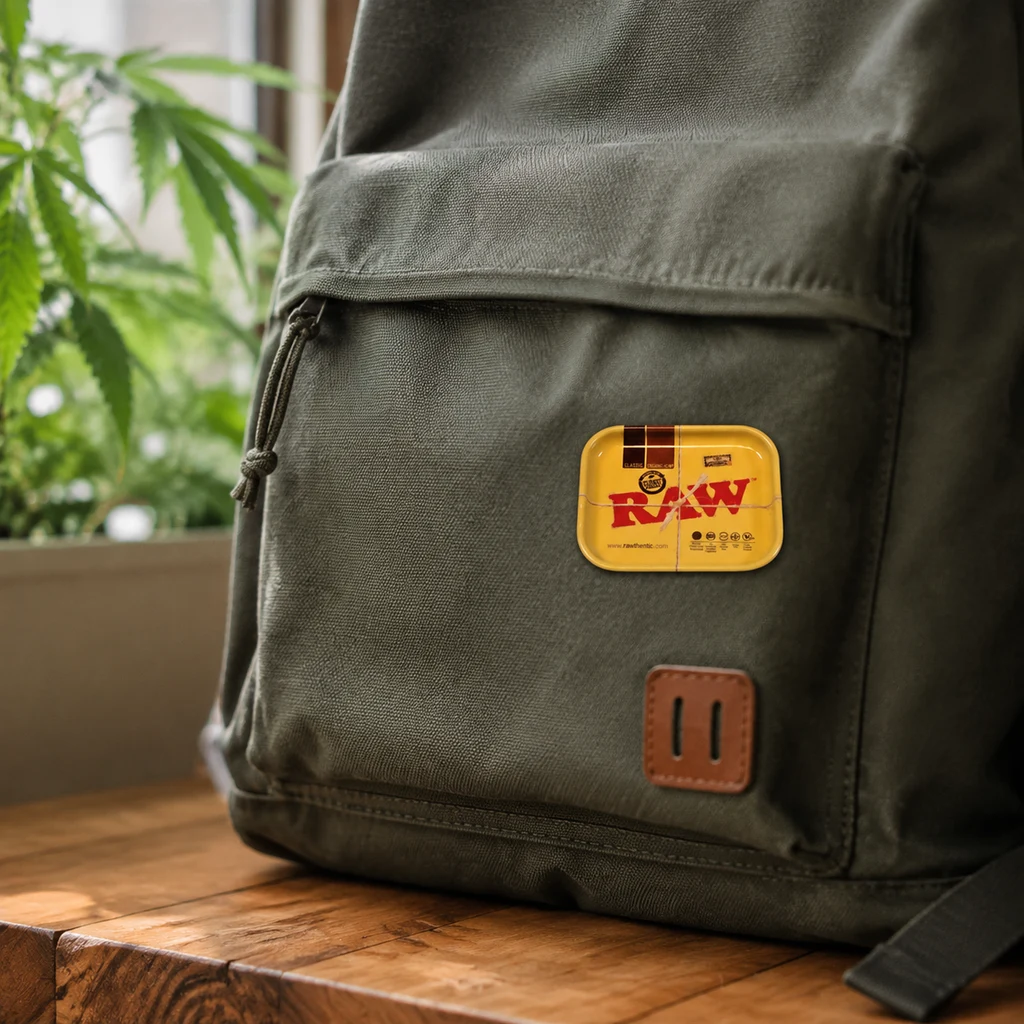 Pin amarillo con forma de bandeja y logotipo RAW en el bolsillo frontal de una mochila verde oscuro apoyada sobre una mesa de madera.