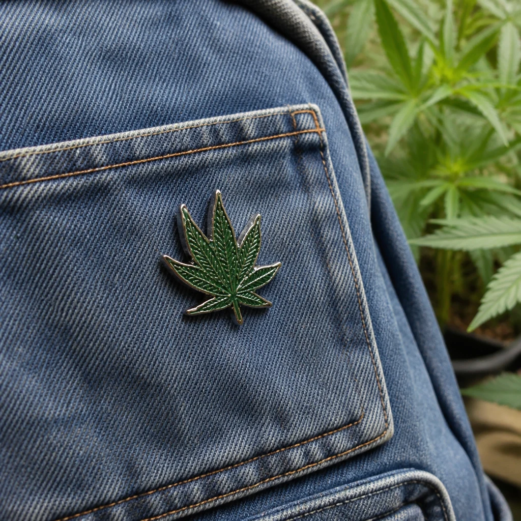 Pin con forma de hoja de marihuana verde y borde metálico, colocado en un bolsillo vaquero azul, con plantas desenfocadas al fondo. Pin con forma de hoja de marihuana verde y borde metálico, colocado en un bolsillo vaquero azul, con plantas desenfocadas al fondo.