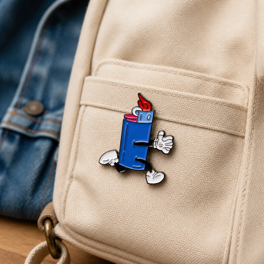 Adorno con forma de mechero azul, llama roja, guantes y zapatos blancos, sujeto al bolsillo de una mochila beige.