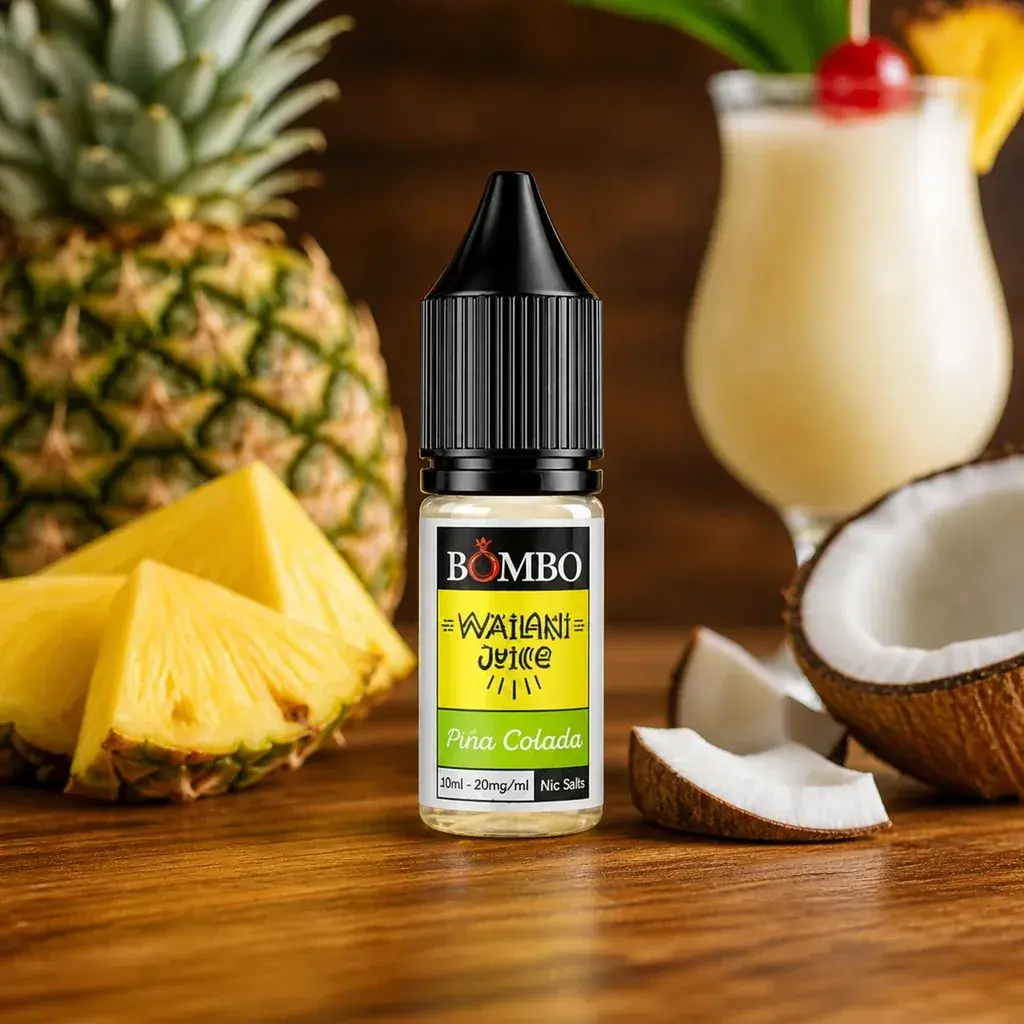 Frasco de Pina Colada Wailani Juice de Bombo con tapón negro, entre piña y coco, con una copa de bebida clara al fondo.