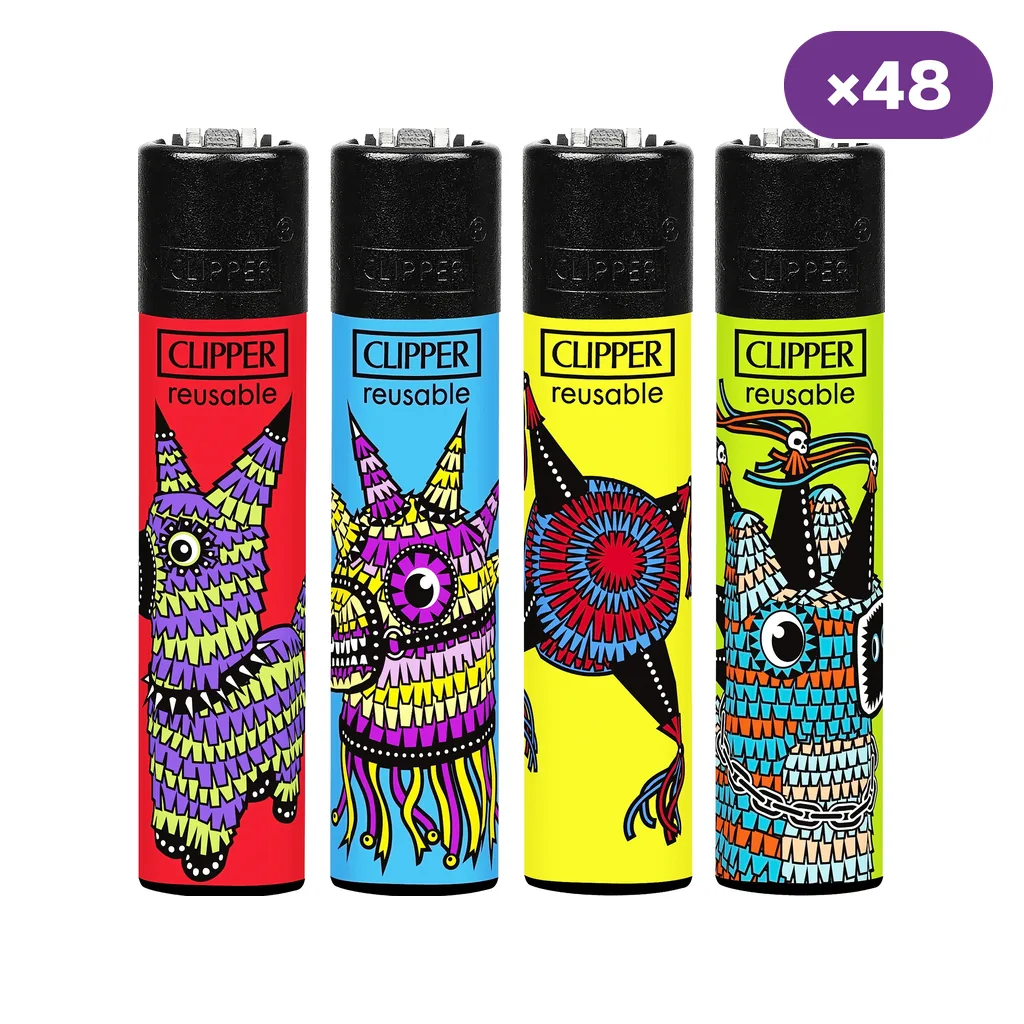 Selección de encendedores Clipper con diseños de piñatas multicolores sobre fondos vivos y distintivo de 48 unidades.