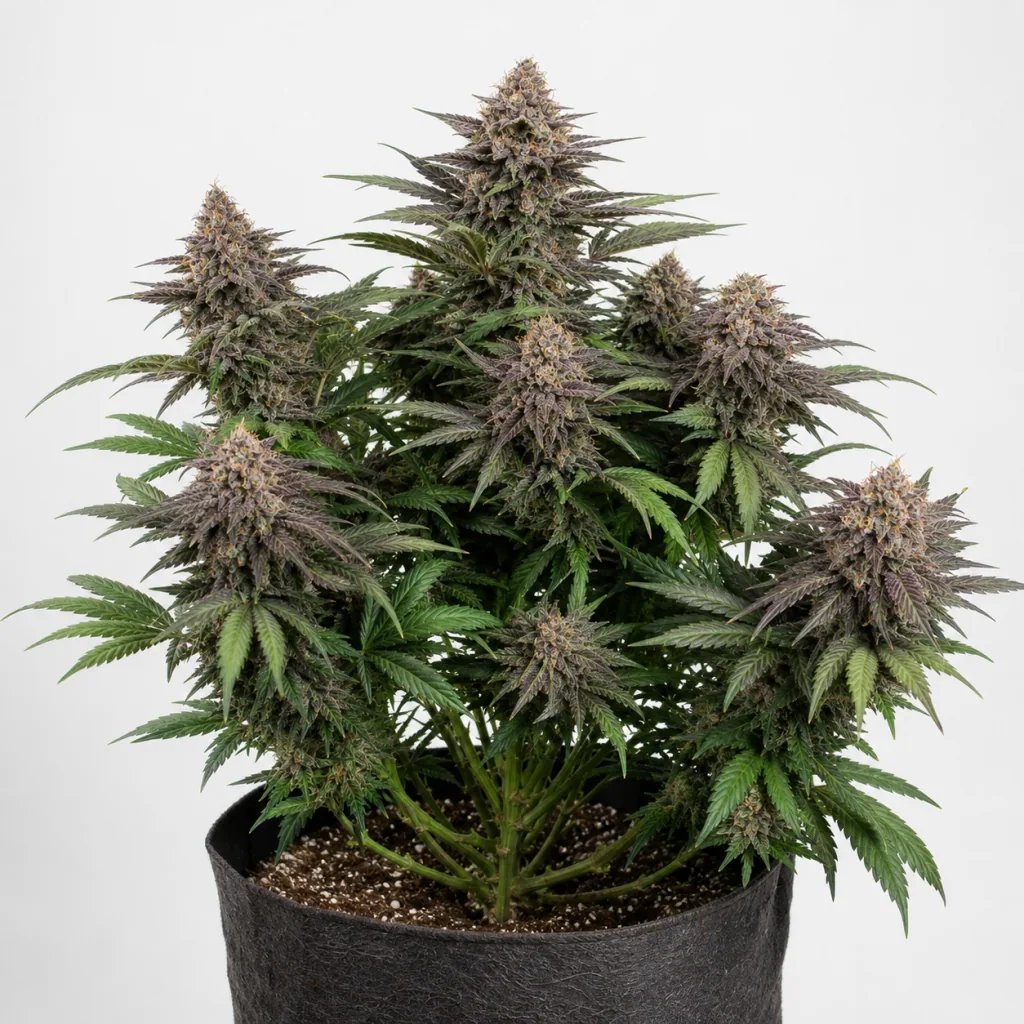 Planta de Ananas Funk Feminizada en maceta textil negra, con varios cogollos de tonos violáceos y hojas verdes sobre fondo claro.