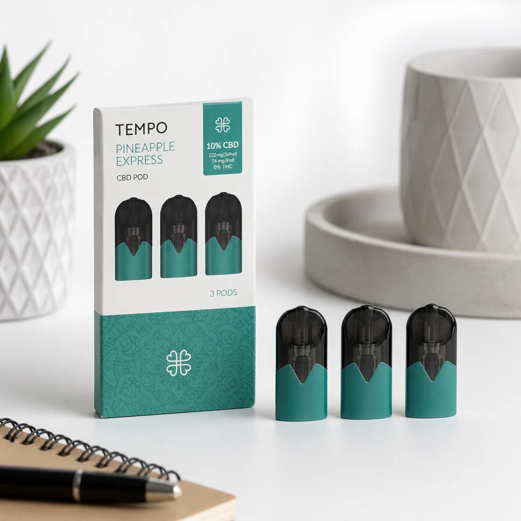 Caja de Pineapple Express CBD Pods con tres cartuchos de base turquesa y parte superior negra sobre una mesa blanca.