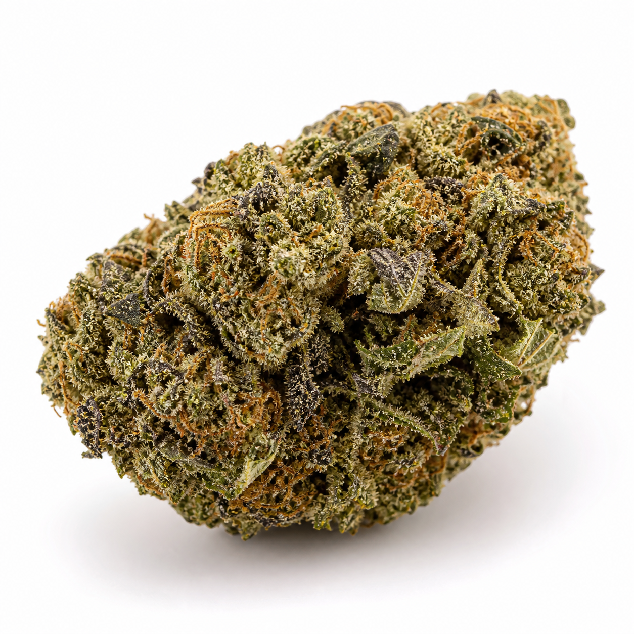 Cogollo de Pineapple Kush en primer plano, con hojas verdes y oscuras, filamentos anaranjados y abundantes tricomas sobre fondo blanco.