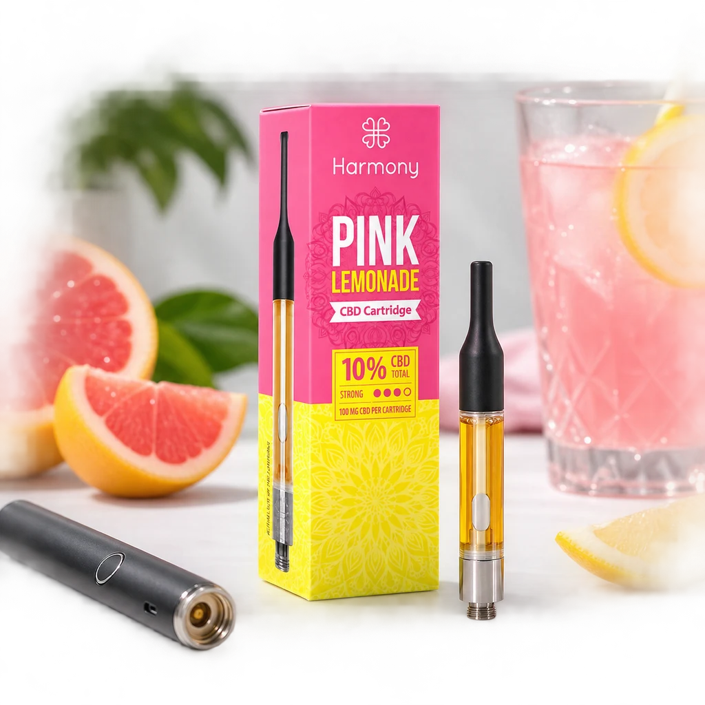 Cartucho Harmony Pink Lemonade junto a su caja rosa y amarilla con etiqueta CBD 10 %, un dispositivo negro, cítricos y una bebida rosa.