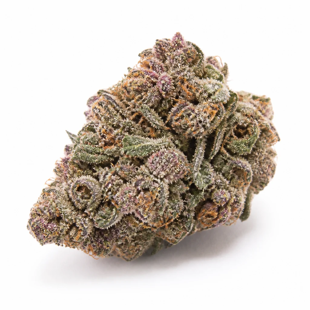Ilustración de un cogollo verde y morado con pistilos anaranjados y abundantes tricomas para la ficha de Pink Runtz Regular de Spain Seeds.