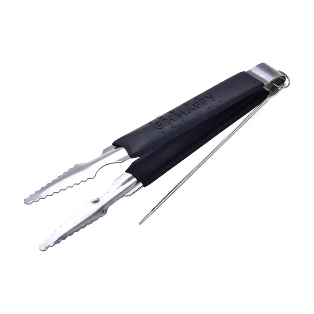 Pinza metálica con extremos dentados, mango negro y varilla fina lateral, dispuesta en diagonal sobre fondo blanco.