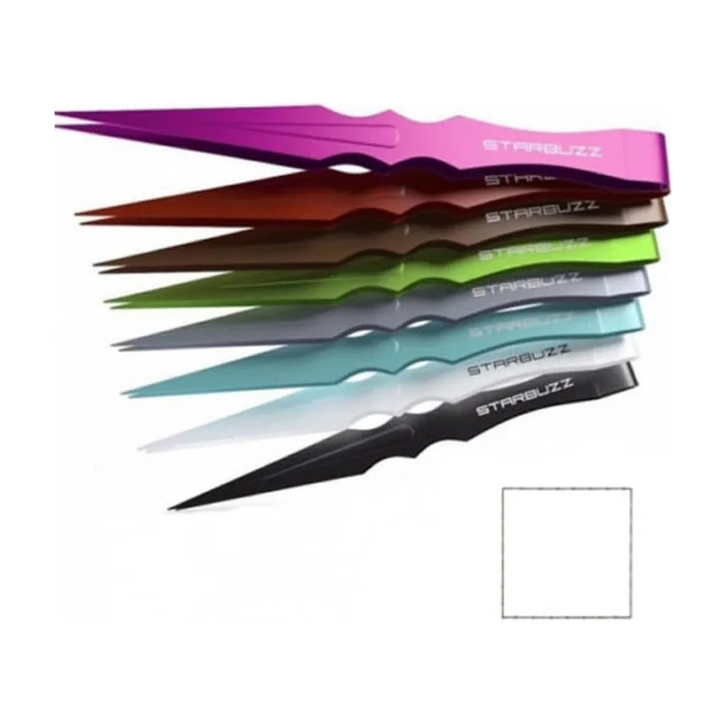 Selección de pinzas Starbuzz de distintos colores, superpuestas en abanico sobre fondo blanco, con puntas finas y agarres ondulados.