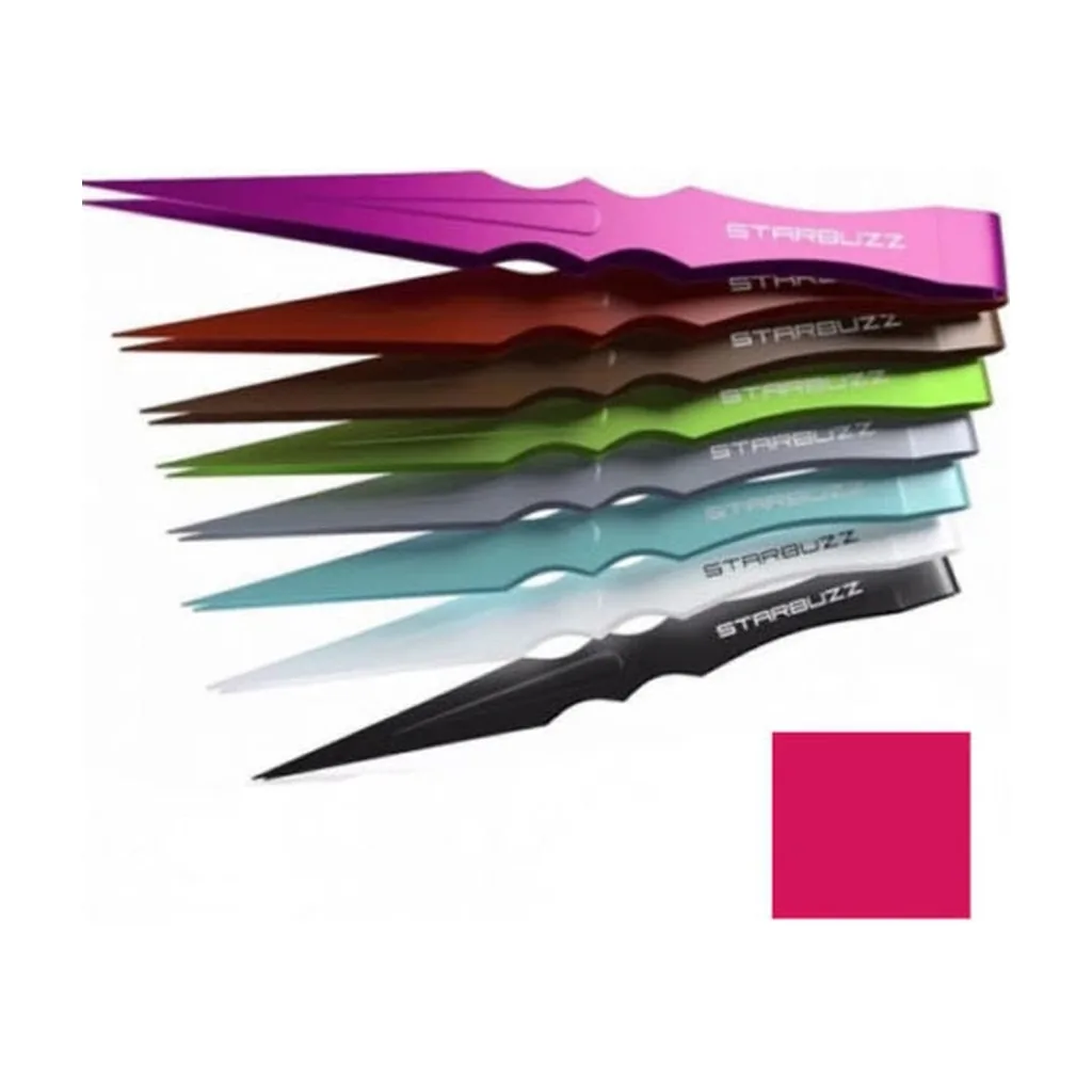 Selección de pinzas Starbuzz de distintos colores dispuestas en abanico sobre fondo blanco, con una muestra de color fucsia en la esquina inferior.
