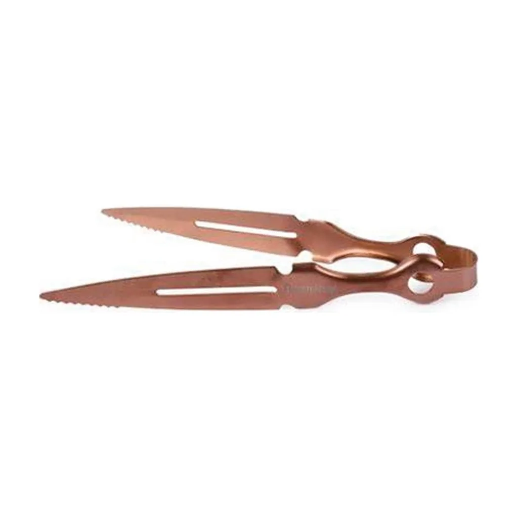 Pinzas para cachimba Animalesys de tono cobrizo, abiertas, con puntas dentadas y ranuras alargadas sobre fondo blanco.