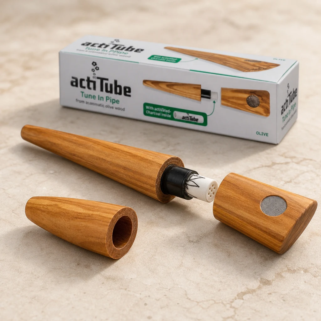 Pipa Actitube de madera de olivo desmontada, con filtro cilíndrico visible, pieza con rejilla y caja al fondo sobre una superficie clara.