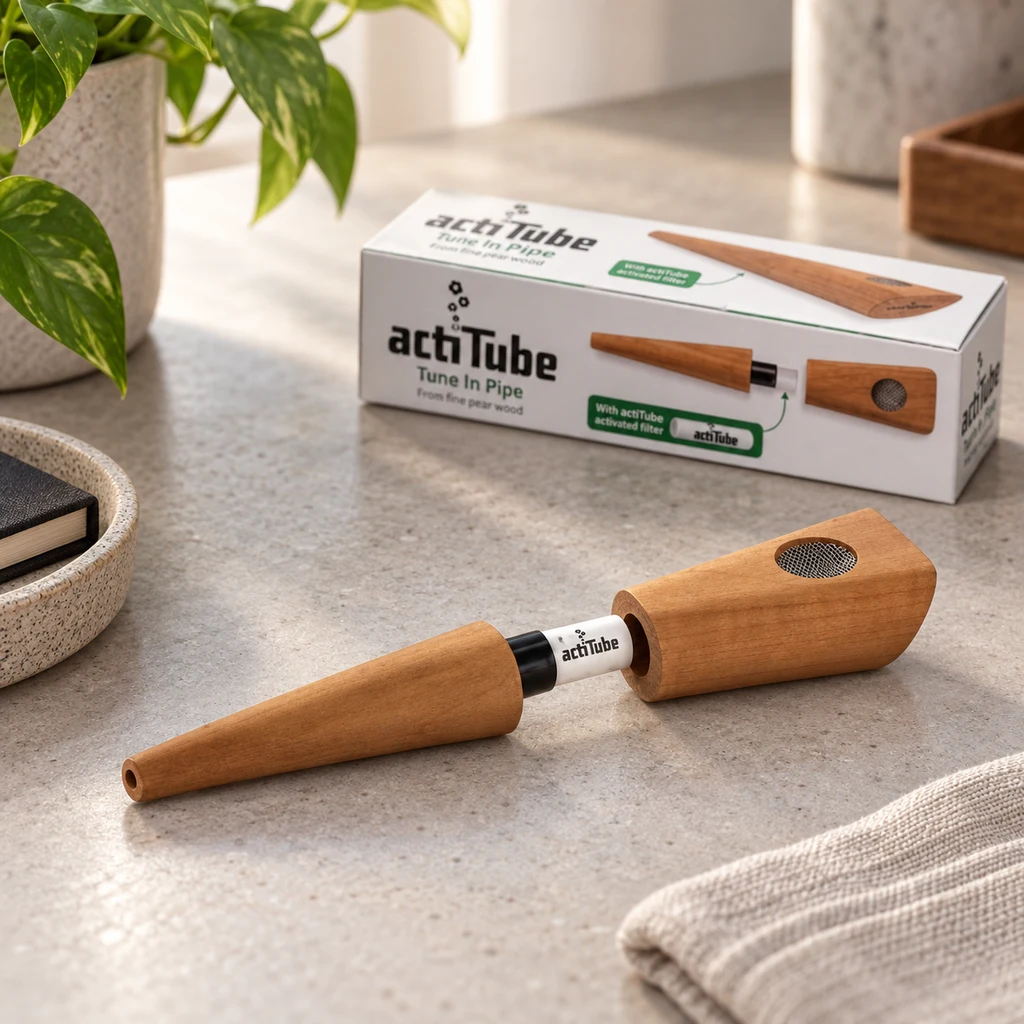 Pipa ActiTube de madera de peral desmontada, con el filtro blanco visible entre sus piezas y la caja al fondo. Pipa ActiTube de madera de peral desmontada, con el filtro blanco visible entre sus piezas y la caja al fondo.