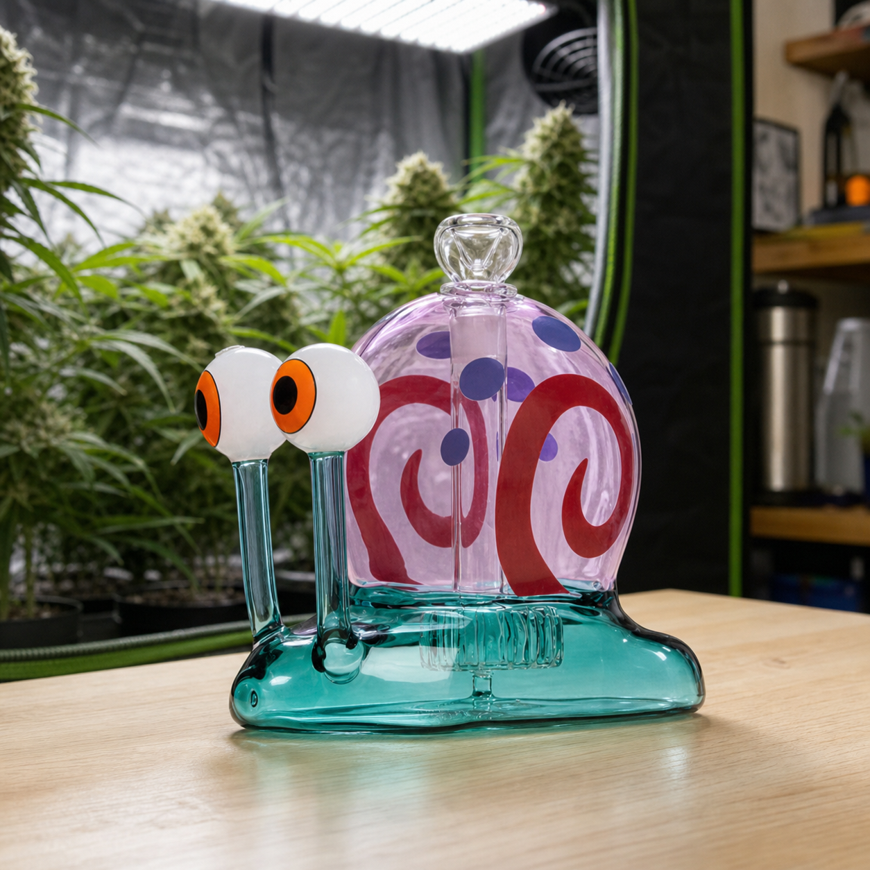 Bong Hemper Snail XL con forma de caracol, base turquesa, concha rosa con espirales rojas y ojos elevados, sobre una mesa.