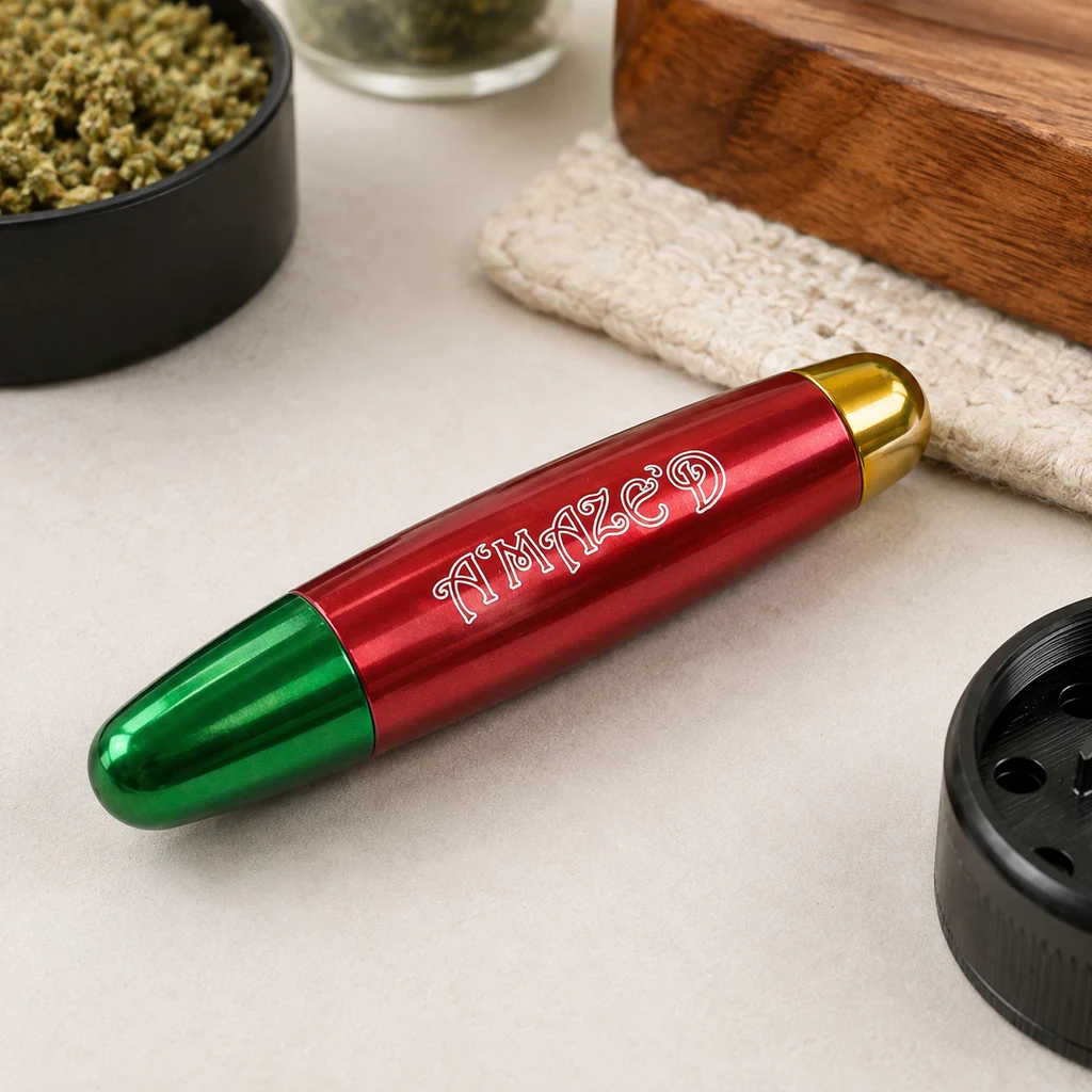 Pipa Amazed Edición Rasta con cuerpo rojo, extremo verde y remate dorado, junto a un recipiente con hierba y un grinder abierto.