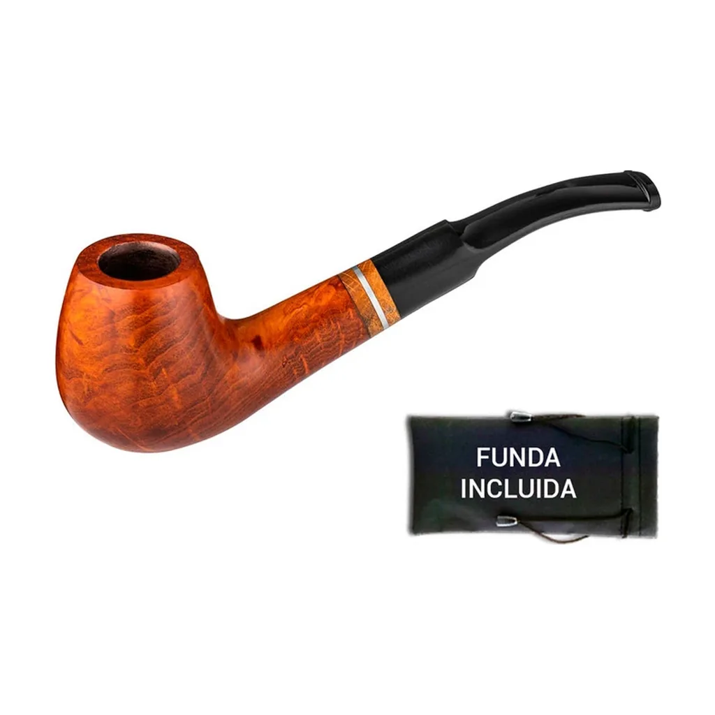 Pipa Angelo Model Nº16 Brown Light de acabado marrón veteado, boquilla negra curvada y aro plateado, con funda negra al lado.