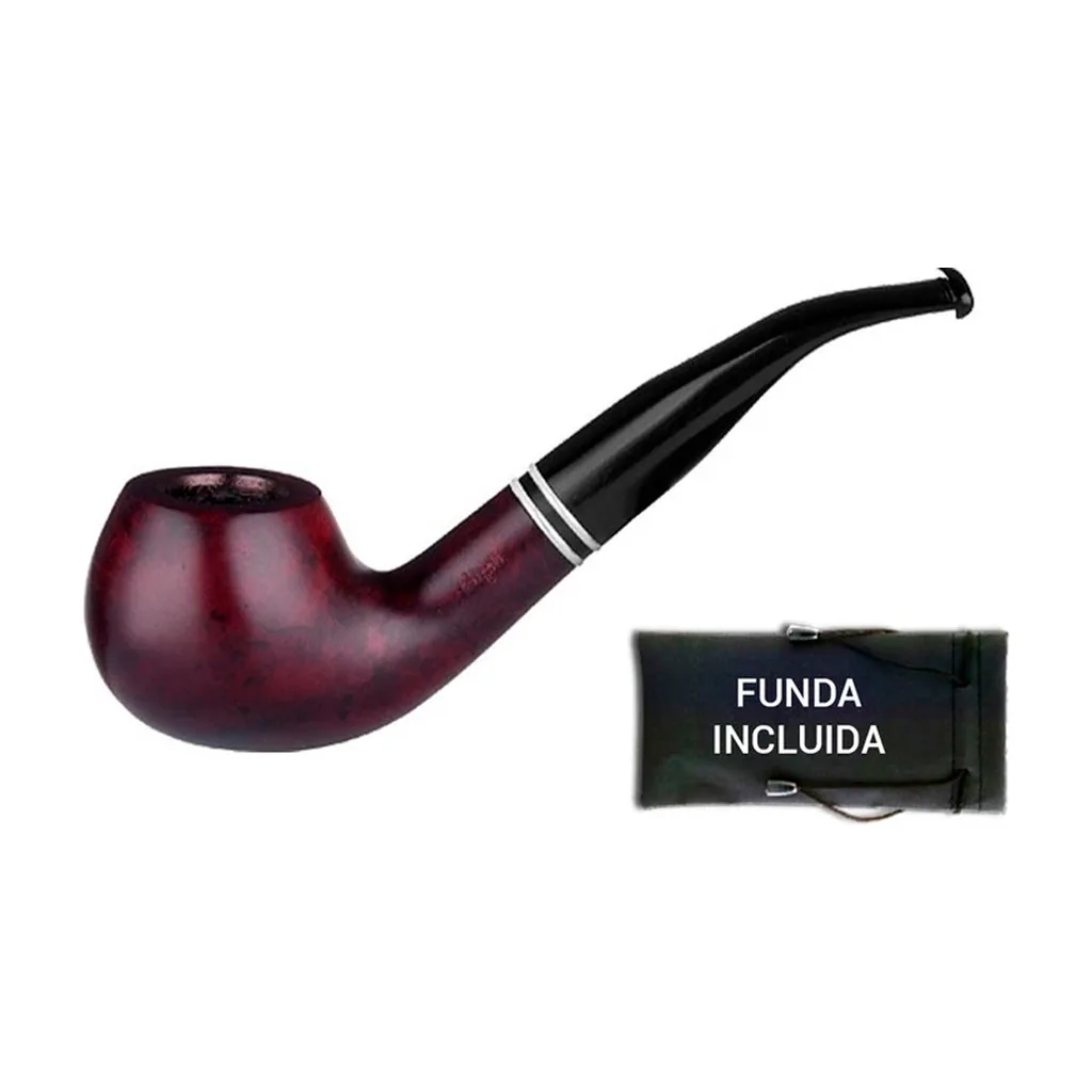 Pipa Angelo Ring Capri Brown de tono burdeos, con boquilla negra curvada y aros plateados, junto a una funda negra rotulada «Funda incluida».
