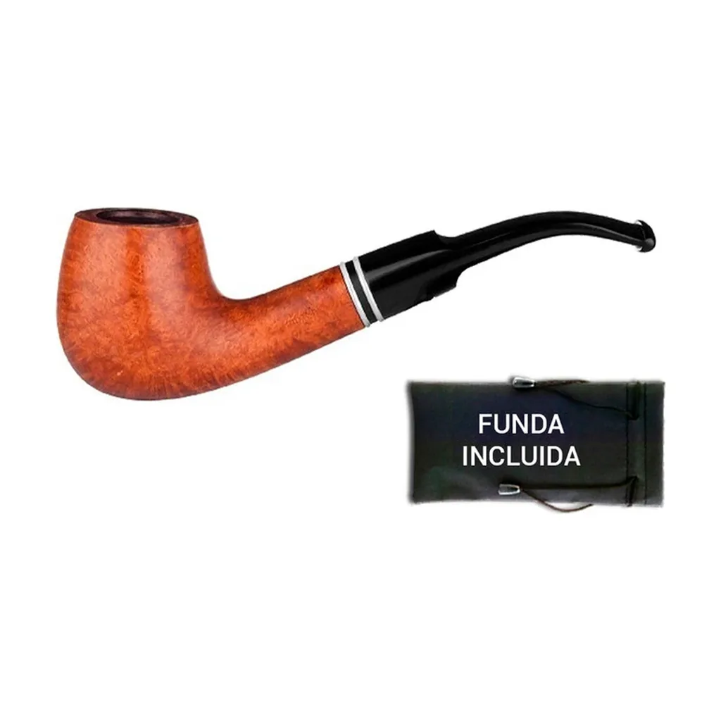 Pipa Angelo Ring Capri de acabado marrón anaranjado, boquilla negra curva y anillo plateado, junto a una funda negra.