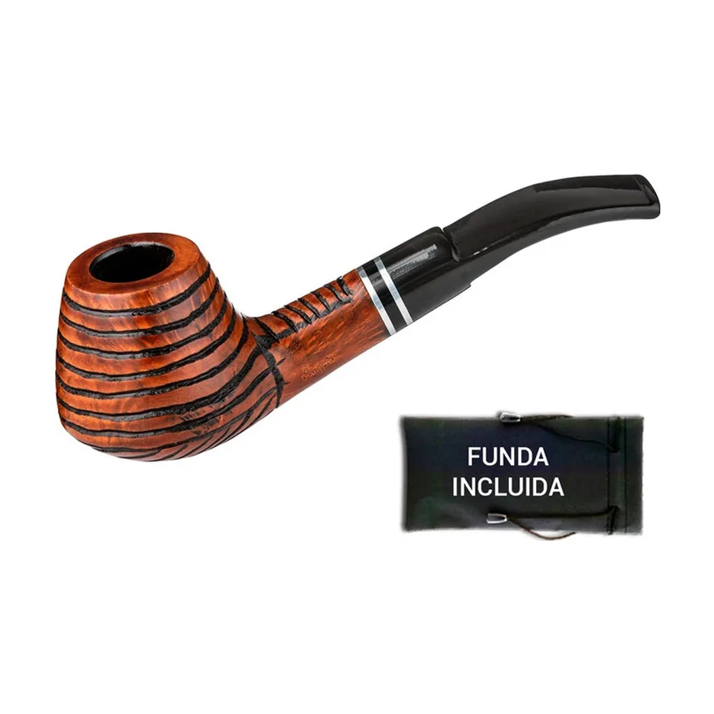 Pipa Angelo Rust marrón rojiza con surcos oscuros, boquilla negra curvada y aros plateados, junto a una funda negra.