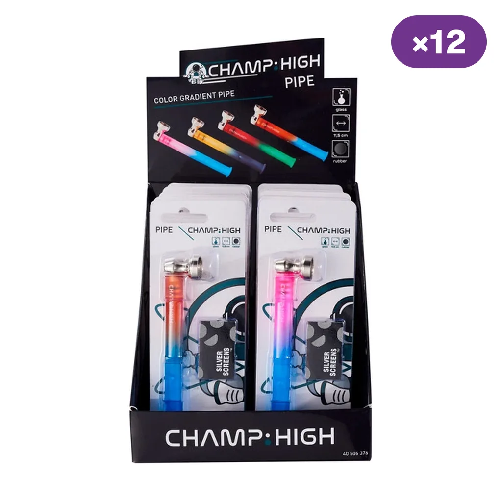 Expositor Champ High con pipas Gradient en blíster, de cuerpo alargado con degradados de colores y cazoleta plateada.