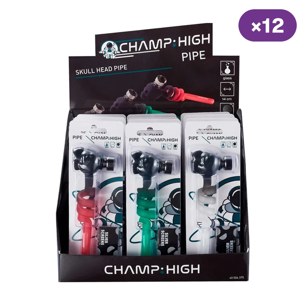 Expositor Champ High marcado ×12 con pipas en envases individuales, cabezas de calavera negras y cuerpos rojos, verdes y blancos.