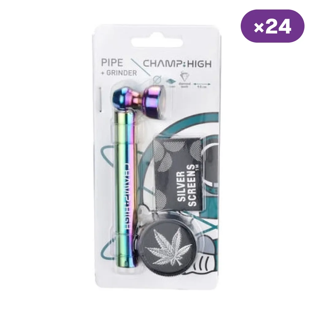 Blíster Champ High con pipa de acabado arcoíris, grinder con hoja de cannabis y paquete de rejillas; distintivo de 24 unidades.