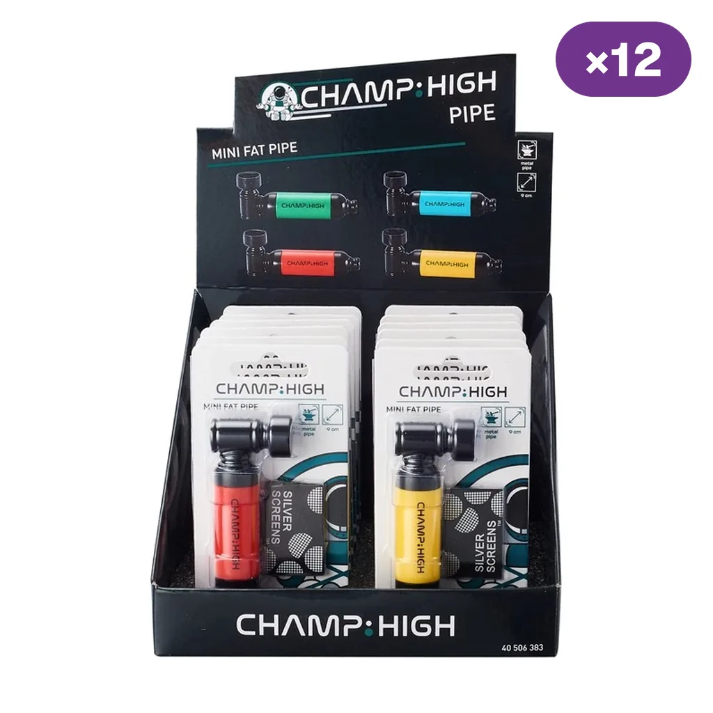 Expositor Champ High Mini Fat marcado ×12, con pipas en blíster y muestras de modelos verdes, azules, rojos y amarillos en la cabecera.