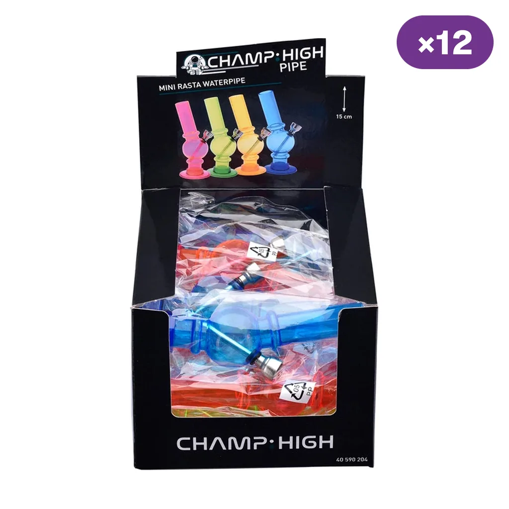 Expositor Champ High Mini Rasta con pipas de agua de varios colores embolsadas y un distintivo de 12 unidades.