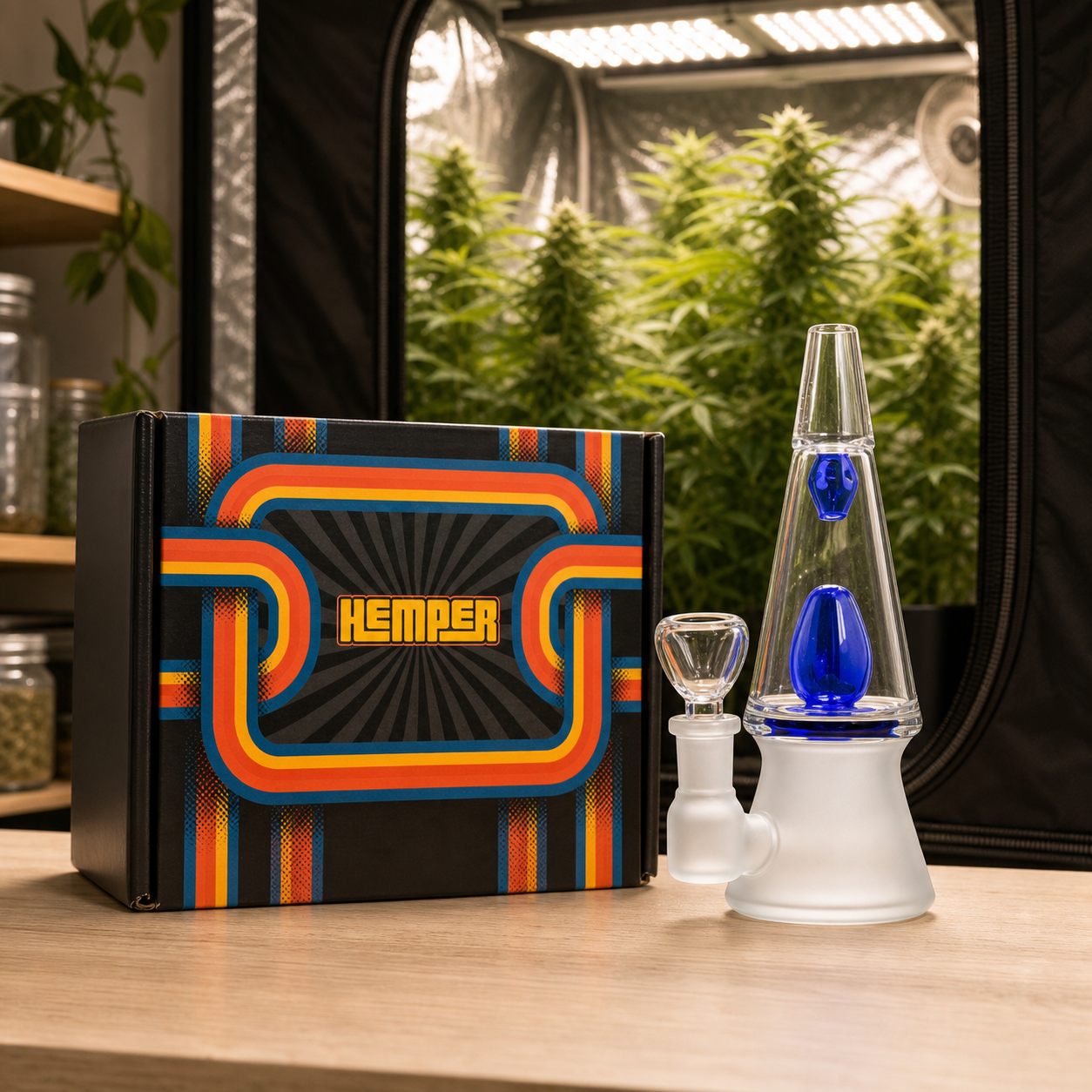 Bong 70s Blue de Hemper con detalles azules y base blanca junto a su caja de franjas multicolor, ante un armario con plantas.