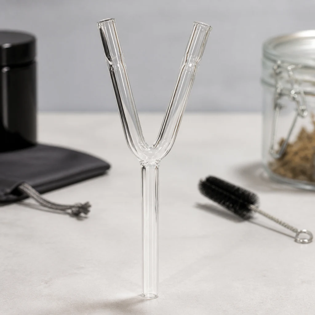 Pipa de cristal transparente en forma de Y, con dos brazos abiertos y un tubo inferior, sobre una mesa junto a un cepillo y una bolsa.